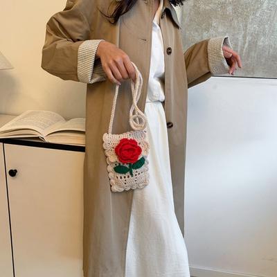 Süße Umhängetasche aus Wollstrick mit Blumen-Motiv, stilvolle Mini-Geldbörse mit einer Schulter