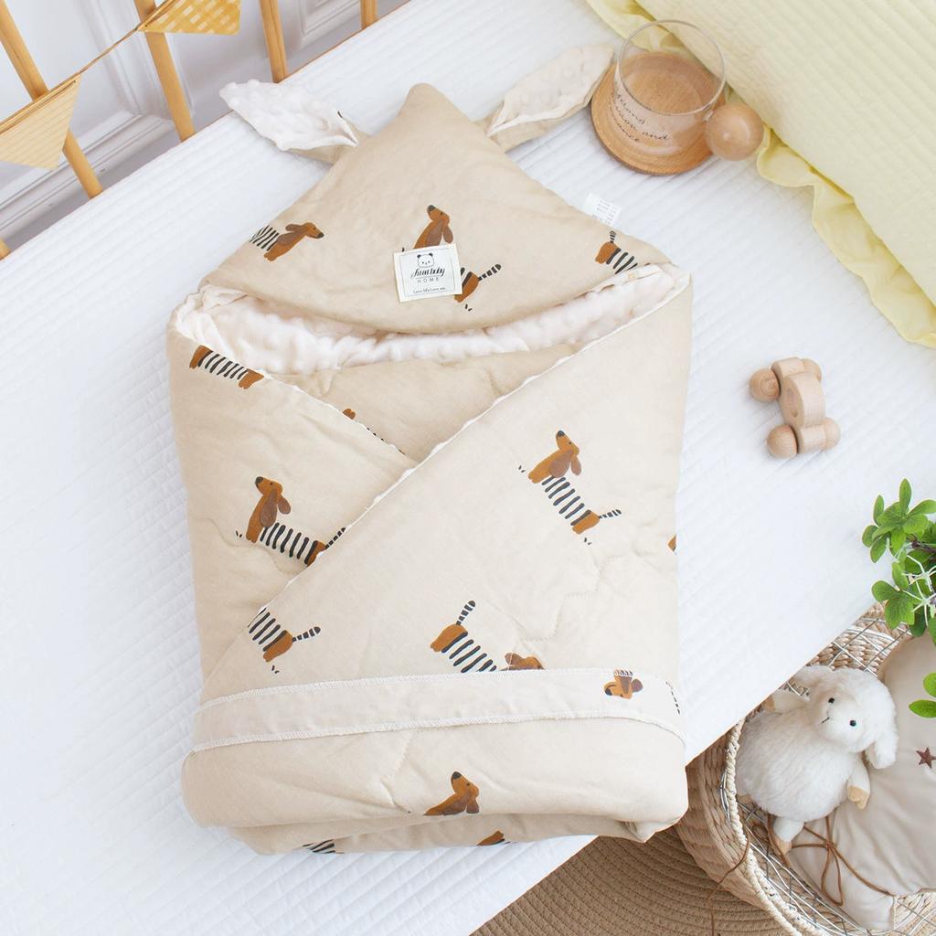 Dvouvrstvá gázová fazolová čepička s potiskem pro novorozence, dlouhé uši, zavinovačka do porodnice, držení jednotlivě, silné novorozenecké dítě