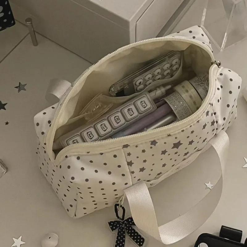 White Blue Color Star Polka Dot Tote Pencil Case Instagram Aesthetic Cute Pen Bag for Kids Large Capacity Stationery Organizer