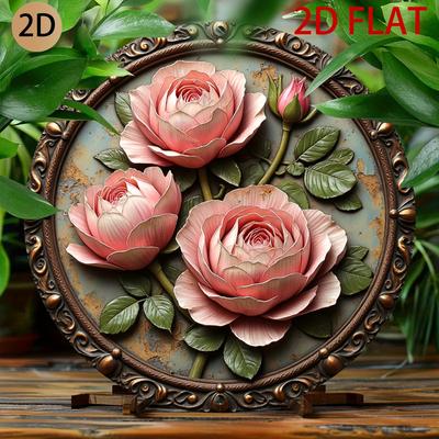 HD Tin Sign D Effect Pink Rose Flower Round Metal Wall Art Vintage Floral Decor for Home Living Room
