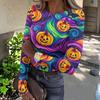 Women's Casual Long Sleeve Ribbed Top Halloween Pumpkin Print Crew Neck Slim Fit Stretchy Lightweight Shirt for Fall
