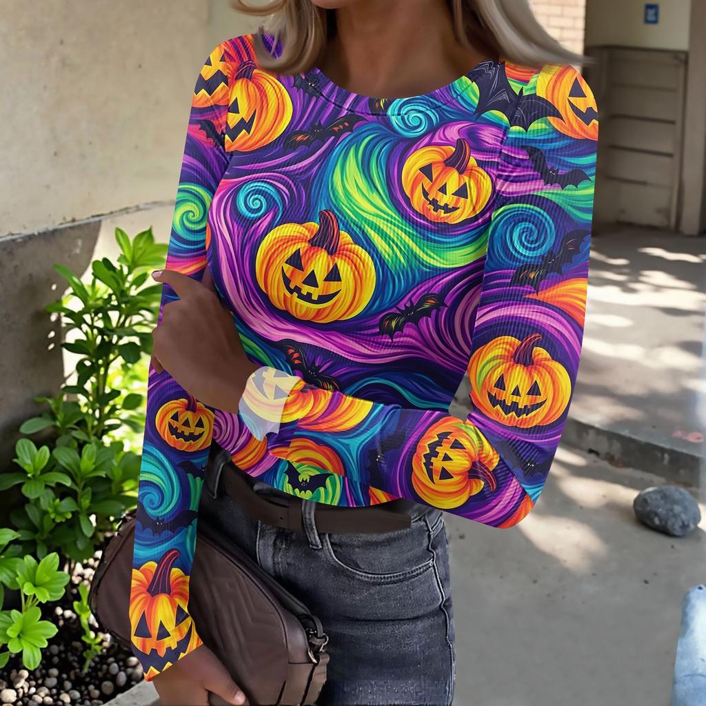 Women's Casual Long Sleeve Ribbed Top Halloween Pumpkin Print Crew Neck Slim Fit Stretchy Lightweight Shirt for Fall