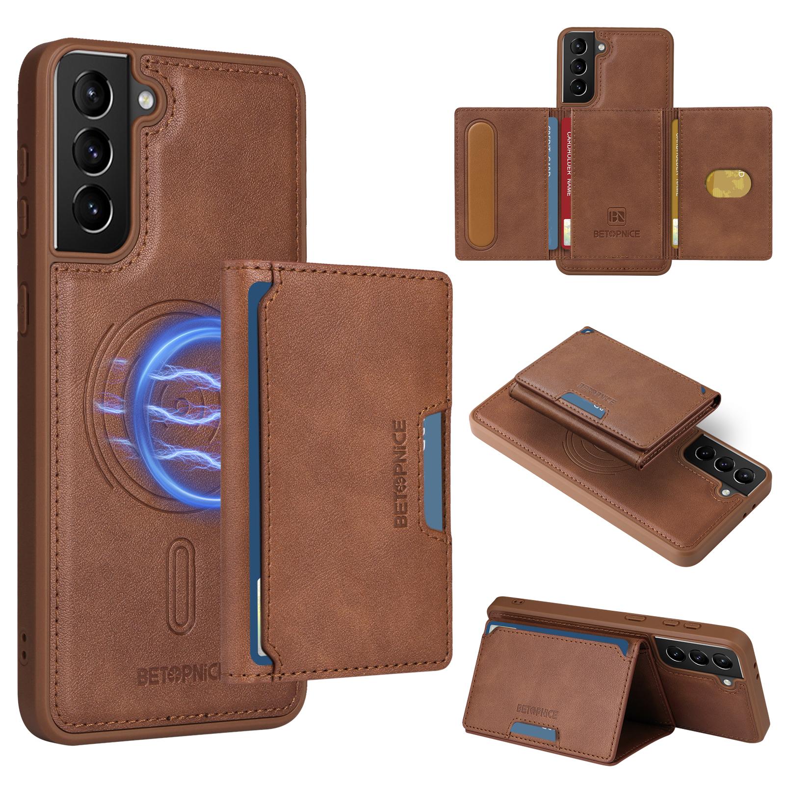

For Samsung Galaxy S21+ 5G Magnetic Case BETOPNICE Leather Phone Cover Kickstand with Detachable Card Bag Brown