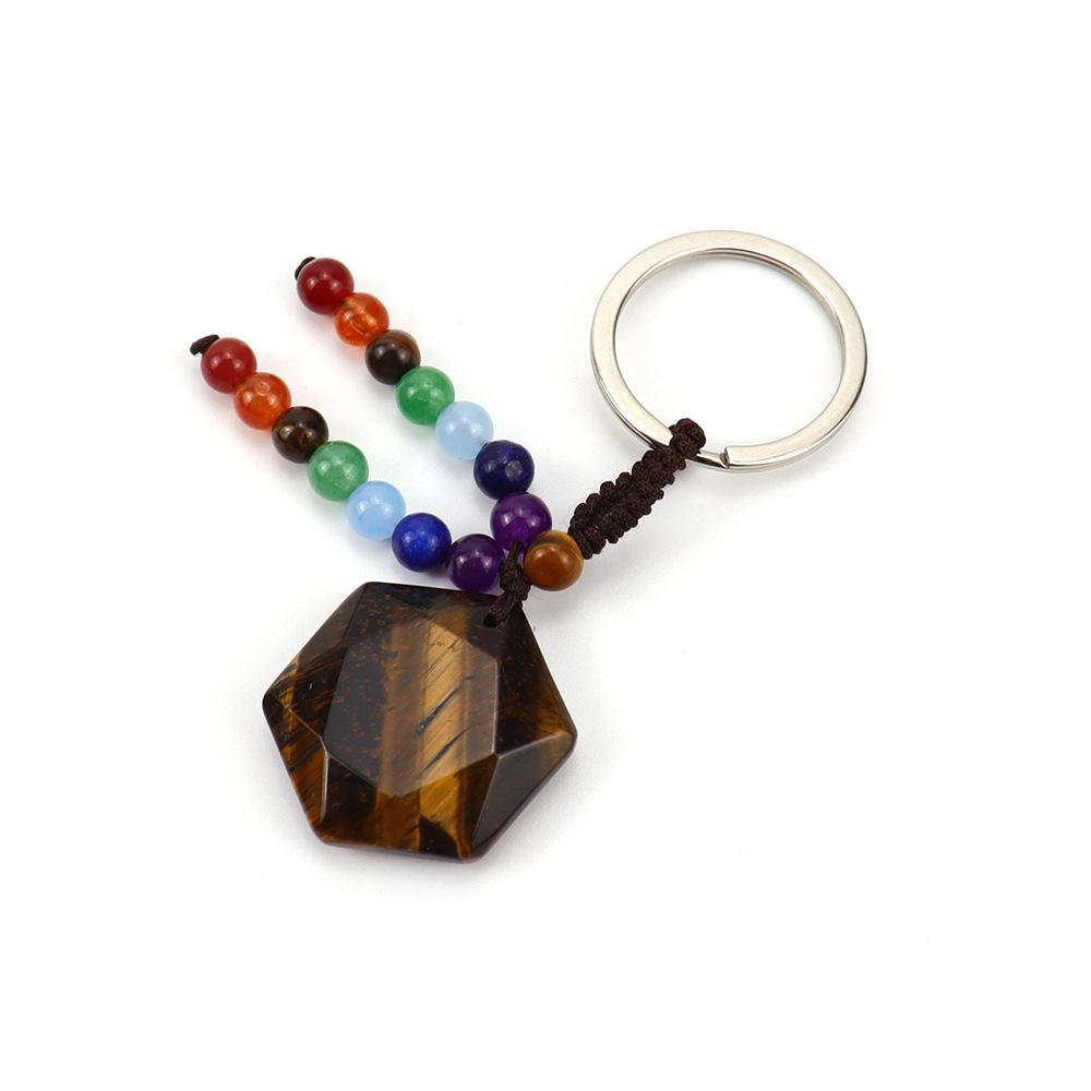 Natural Crystal Stone Hexagram Keychain Pendant Colorful Chakra Beaded Luggage Pendant K44