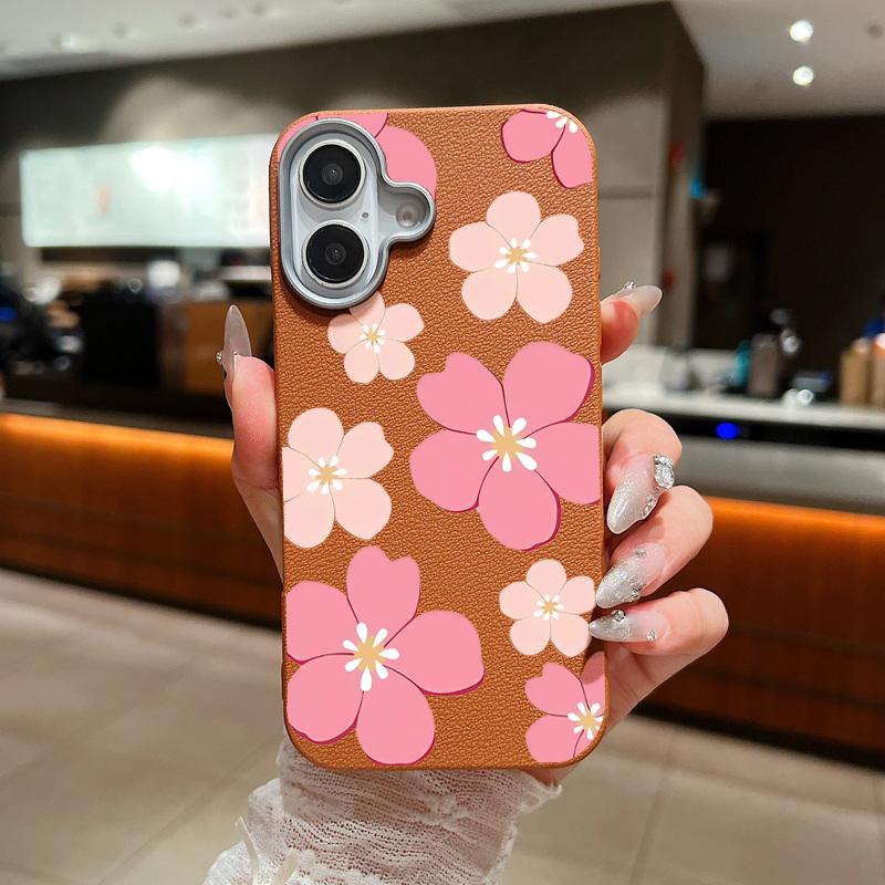 For iPhone 17 Pro Max Case Fresh Style Cherry Blossom Pattern Leather Texture Soft Silicone Cover For iPhone 16 15 14 13 Pro 12 11 16E Air