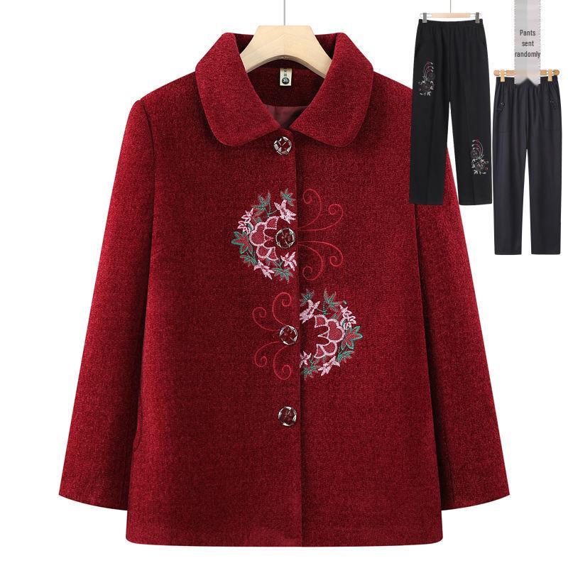Elegant Embroidered Wool Coat for Elderly Women - Autumn/Winter Fashion with Velvet Lining