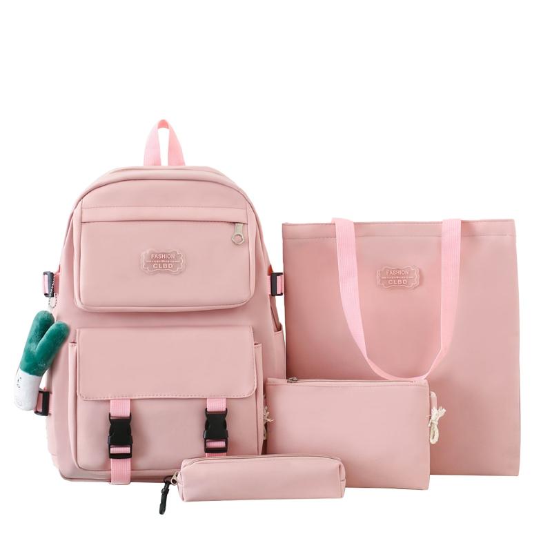

Однотонний шкільний жіночий рюкзак із 4 предметів. Студентський рюкзак великої місткості рожевий
