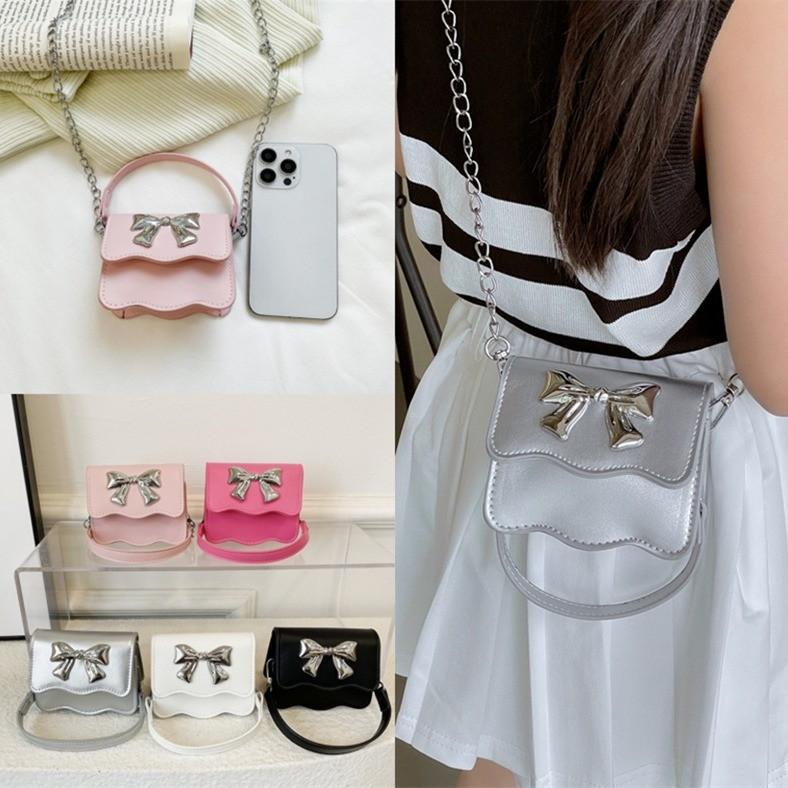Color Cute Solid Silver Bow Decoration Kid Mini Shoulder Chain Bag Daily For