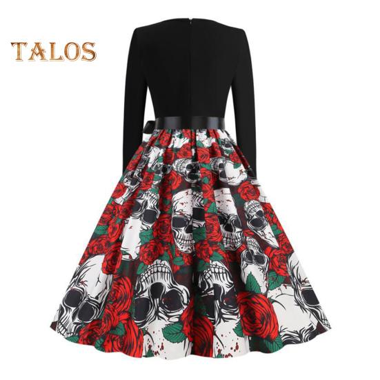 Damen Halloween Kleid A-Linie Big Swing Totenkopf Print Schnürung Schleife Gürtel Gewellter V-Ausschnitt Patchwork Plissee Lange Ärmel Party Karnevalskleid