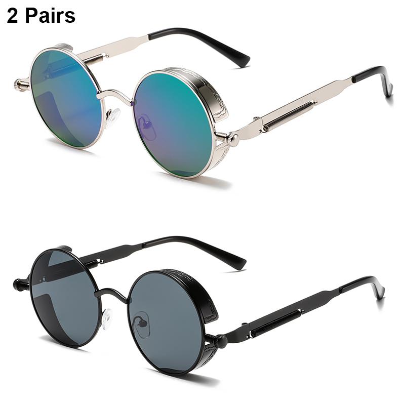 2 Pairs Round Punk Sunglasses Men Classic Vintage Gradient Multi-color Casual Shades Trendy Brand Designer Outdoor Sun Glasses