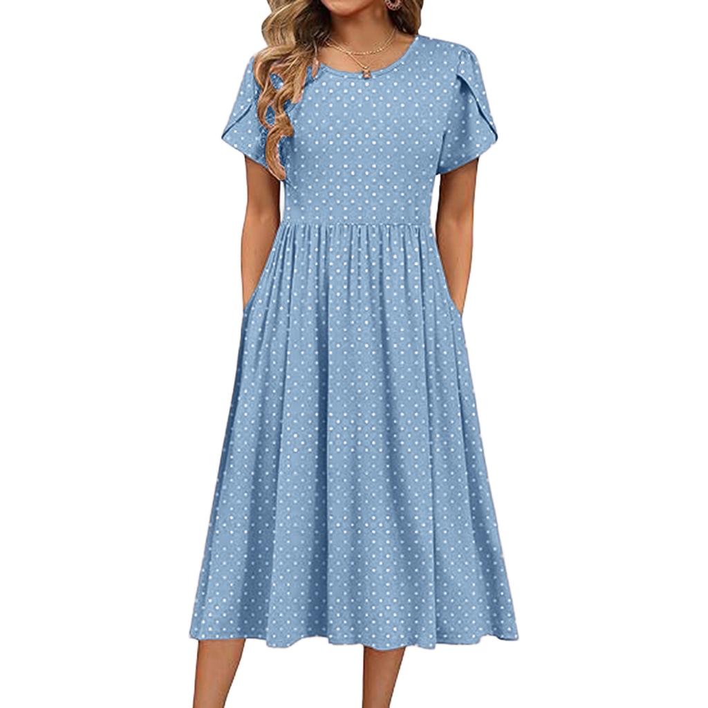 Women's Fashion Spring And Summer Dress Casual Short Sleeve Round Neck Petal Long Printed Dress