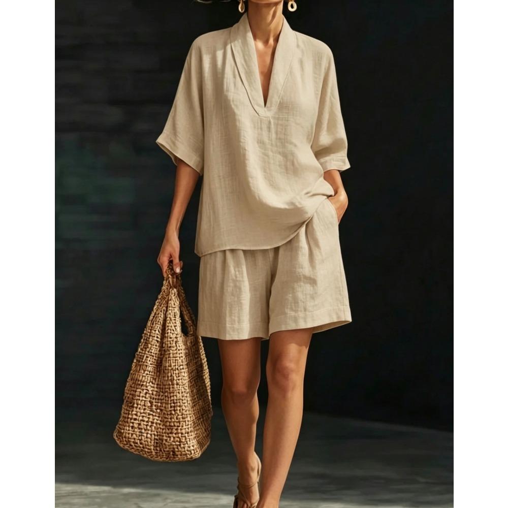 Damen Lässiges V-Ausschnitt Kurzarm Top & Weite Hosen Zweiteiliges Set, Lockeres Entspanntes Outfit für den Sommer