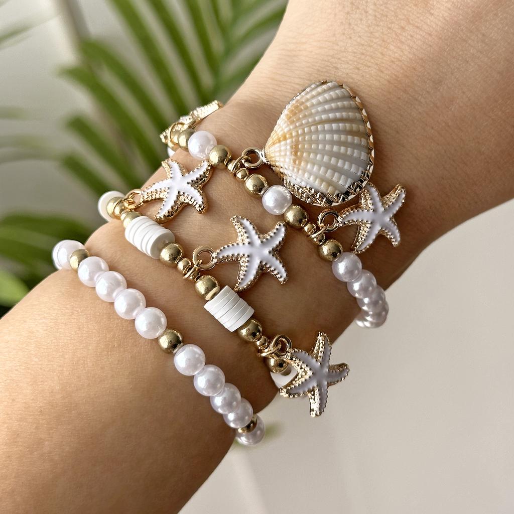 Fashion Polymer Clay Beaded Stretch Bracelets Set for Women Starfish Shell Pendant Stackable Bracelets Summer Beach Jewelry