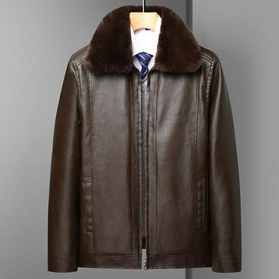 Men's Fur Collar Leather Jacket - Warm, Thickened PU for Middle-aged & Elderly