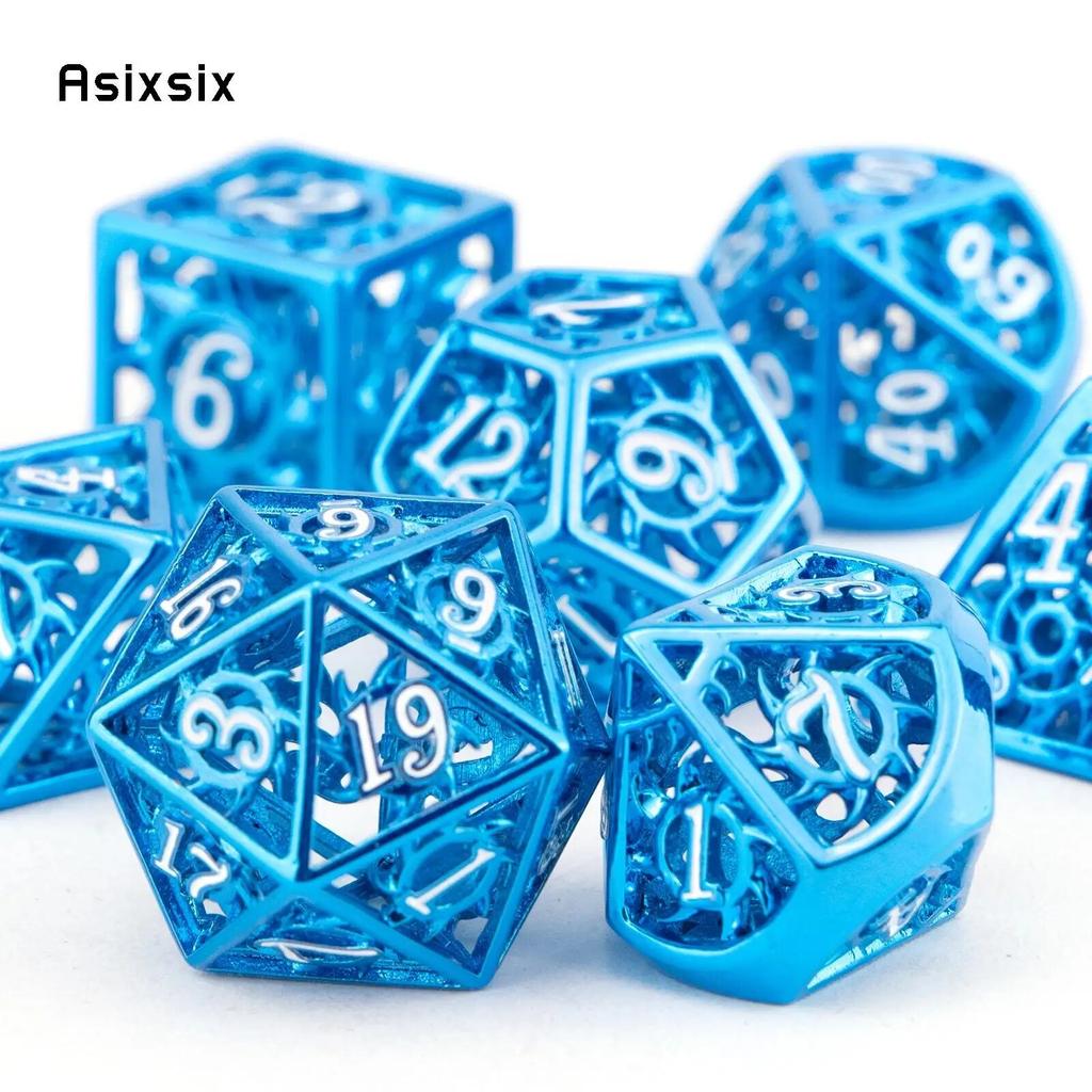 7 Pcs Blue White Rotary Cyclone Metal Dice Hollow Metal Polyhedral Dice Set Suitable for Role-Playing RPG  Board Game Card Game
