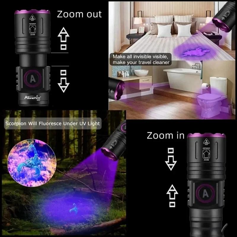 365/395nm UV Flashlight Zoom 5W Type C USB Rechargeable Black Light for Resin Curing, Pet Urine Detection, Scorpion with Battery