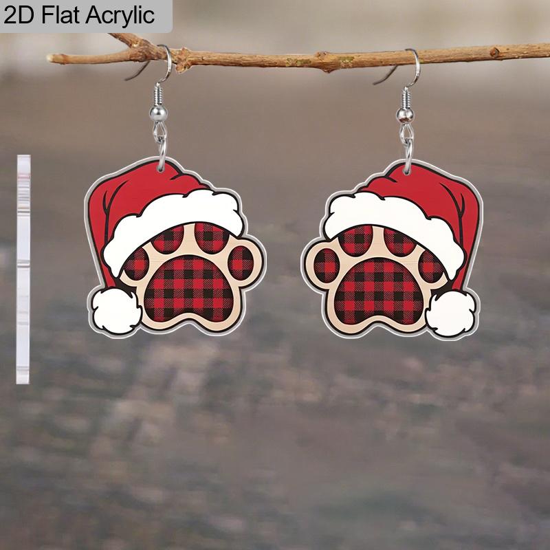 2D Flat 2pairs Y2K Christmas Hat Dog Paw Acrylic Dangle Earrings, Perfect Gift for Women, Christmas Party Jewelry