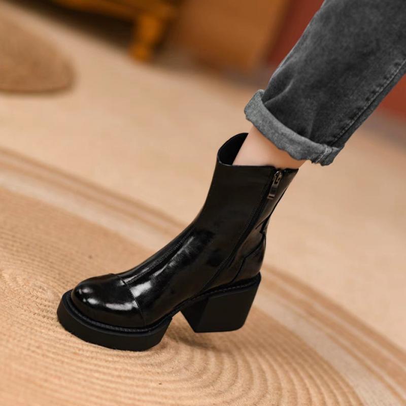 New Women'S British Retro Ankle Boots - Side Zipper Chunky Heel Platform Sole Daily Commuter Boots Autumn Winter  Shoes
