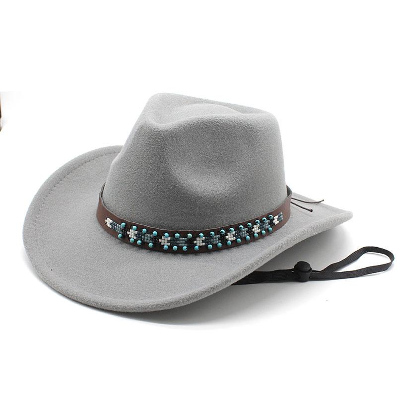 Tibetan Style Western Cowboy Hat Large Brim Wool Felt Hat 10 Colors Windproof Rope