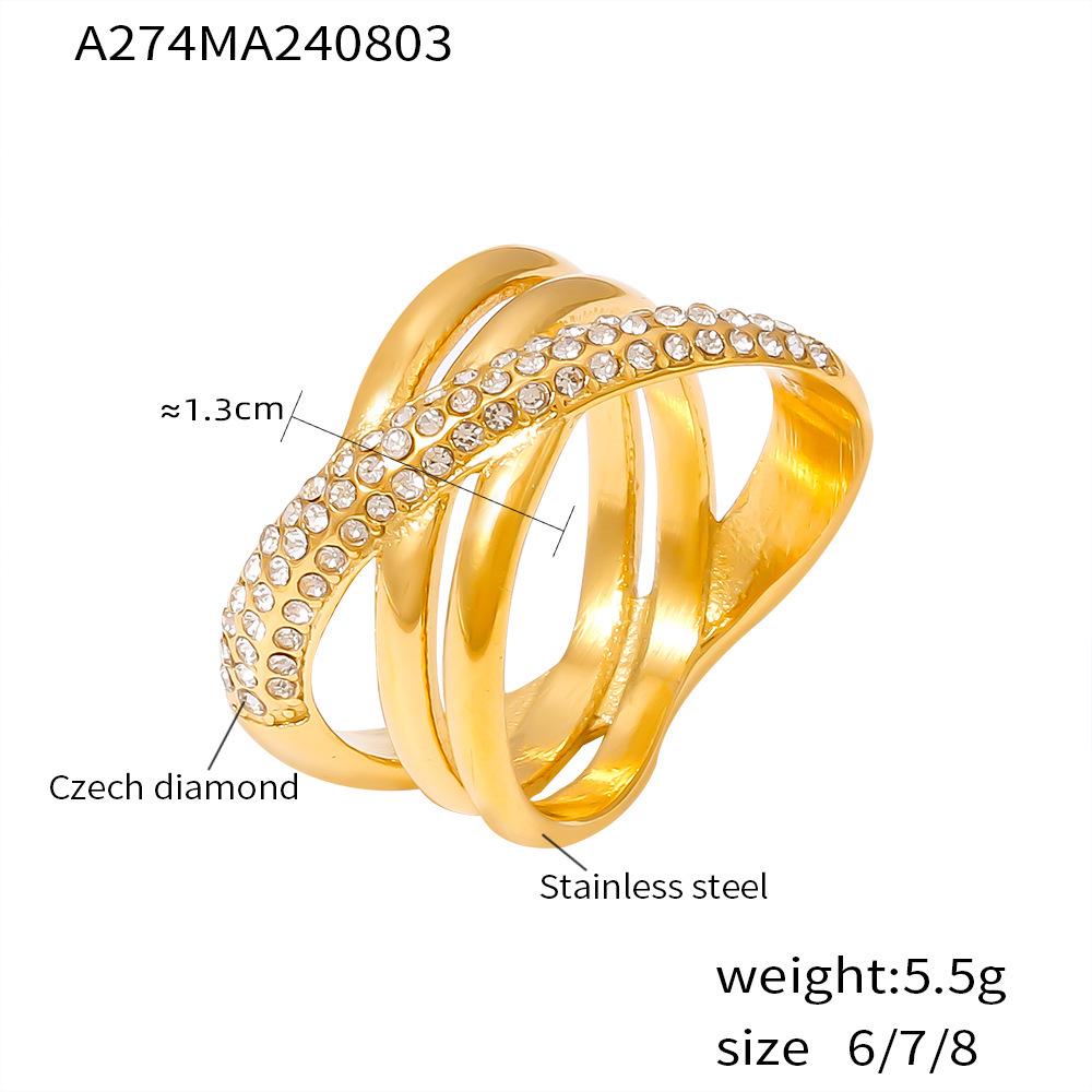 18k Gold-Plated Vintage Criss-Cross Diamond-Set Ring - European & American Chic Style, Non-Fading Stainless Steel.