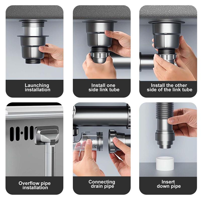 ABFS Double Sink Drain Kit Space Saving Kitchen Sink Drain Kit Expandable Flexible 1 1/2In P-Trap Pipe 3-1/2 Inch Sink Drain