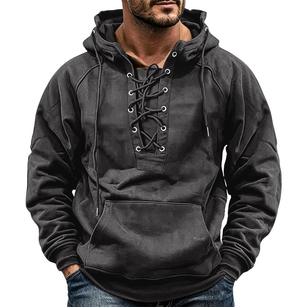 Men's Retro Hooded Long Sleeve T-Shirt with Drawstring for Outdoor Fall Activities