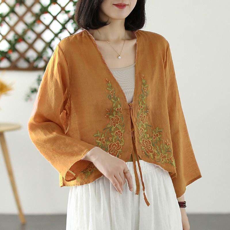 Women's 2024 Spring/Autumn Cotton Linen Retro Embroidered Blouse - Sunscreen Shawl Dress Shirt with Lace-Up Detailing.