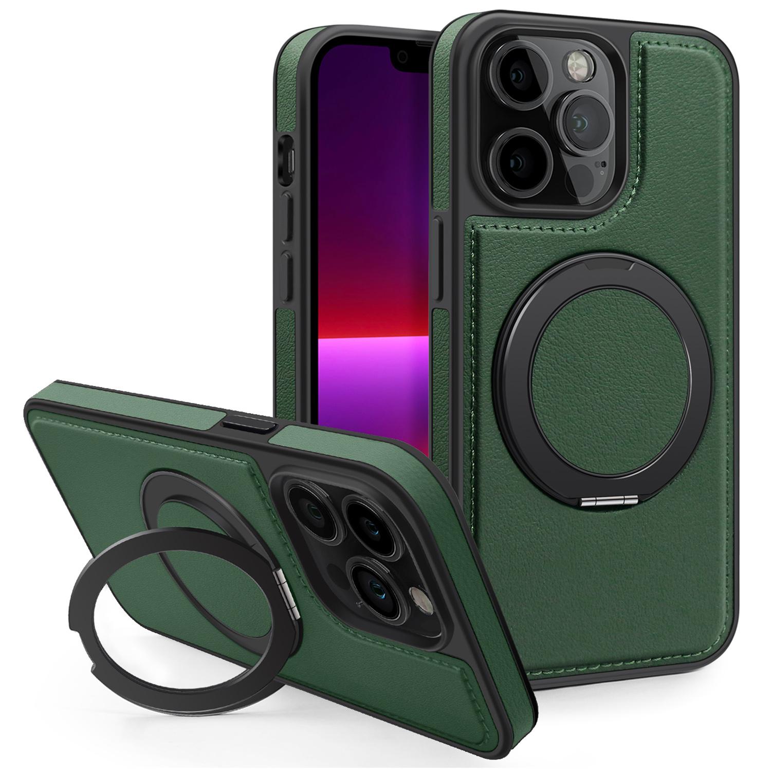 

For iPhone 13 Pro Case with Ring Kickstand Compatible with MagSafe PU Leather Back Cover Dark Green