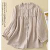 Summer Women's Comfort Linen Shirt Vintage Pleated Stand Collar