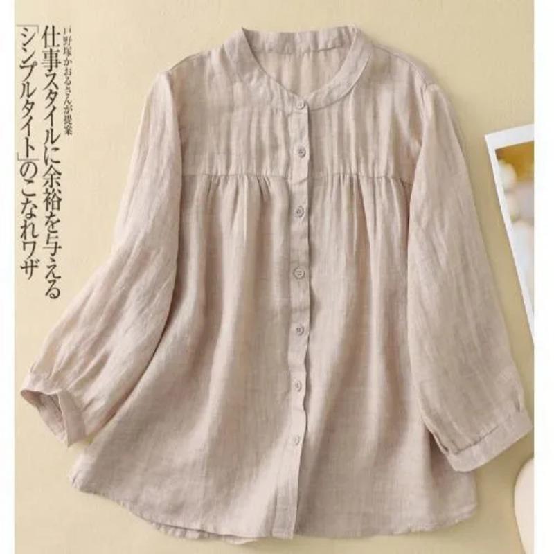 Summer Women's Comfort Linen Shirt Vintage Pleated Stand Collar