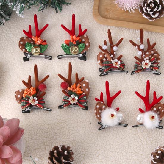 1 Pair Christmas Hairpins Holiday Antlers Design Faux Pearls Plush Ball Decor Hair Clips Christmas Party Photography Props
