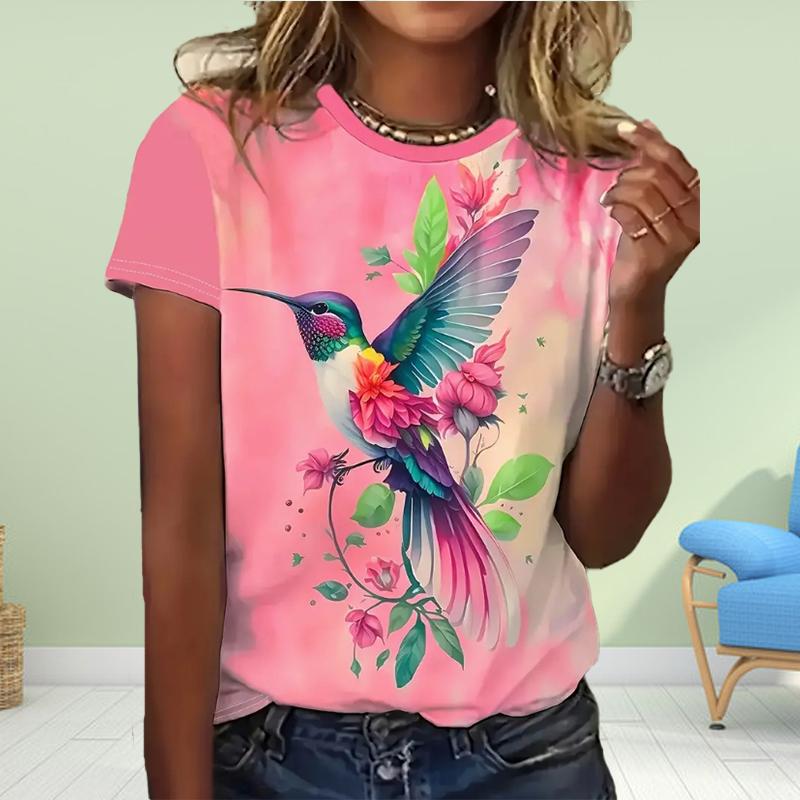 Fashion Women Colorful Hummingbird Print T Shirt Funny Casual O-neck Short Sleeves T-shirt Summer Female Tee Shirt