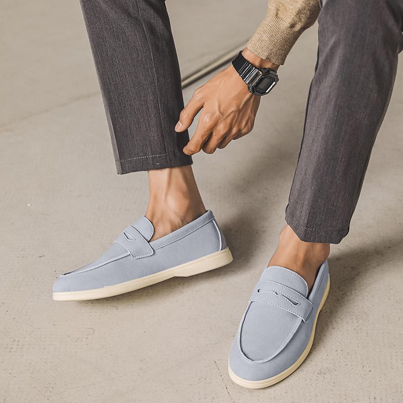 Britain New Retro Pointed Suede Leather Slip On Flats Shoes Men Casual Penny Loafter Formal Dress Footwear Zapatos Hombre
