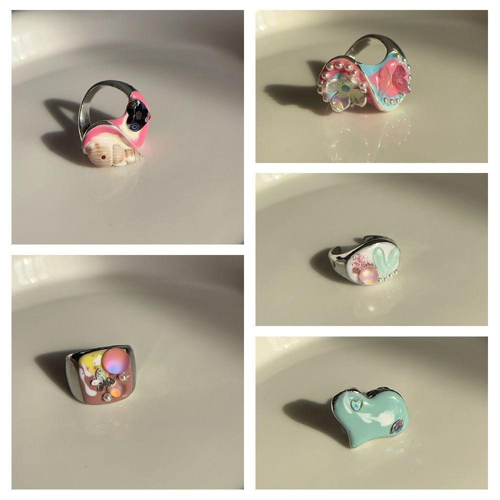 Geometric Enamel Love Heart Ring Open Ring Irregular Enamel Ring Painting Ring  Women