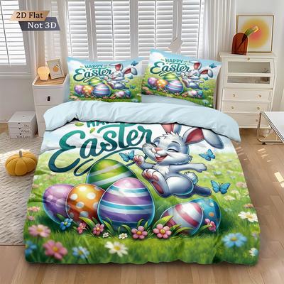 3pcs Easter Cute Rabbit Easter Egg Printed Core Free Down Duvet Cover Set Multi Size Bedding Decoration Machine Washable