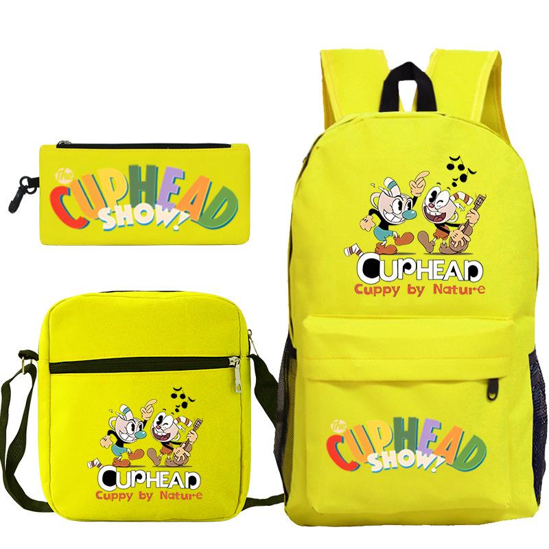 Cartoon Teacup Head Cuphead Student Backpack Oblique Span Bag Pencil Bag Primary And Secondary School Students Children'S Schoolbag Three-Piece Set