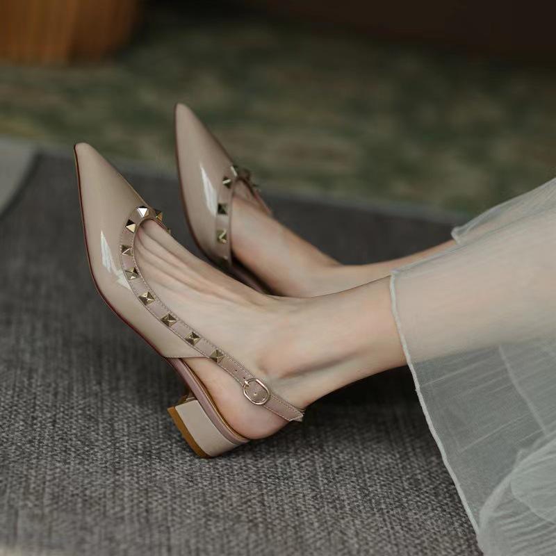 2024 Summer Mid-Heel Nude Pointed-Toe Studded Peep-Toe Chunky Heel Backless Sandals for Women