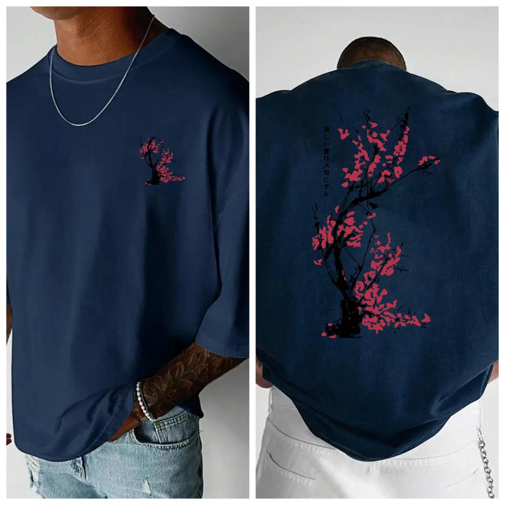 Men White T-shirt and Cherry Blossom and Calligraphy Print Round Neck Short-sleeved Versatile Fashion Top