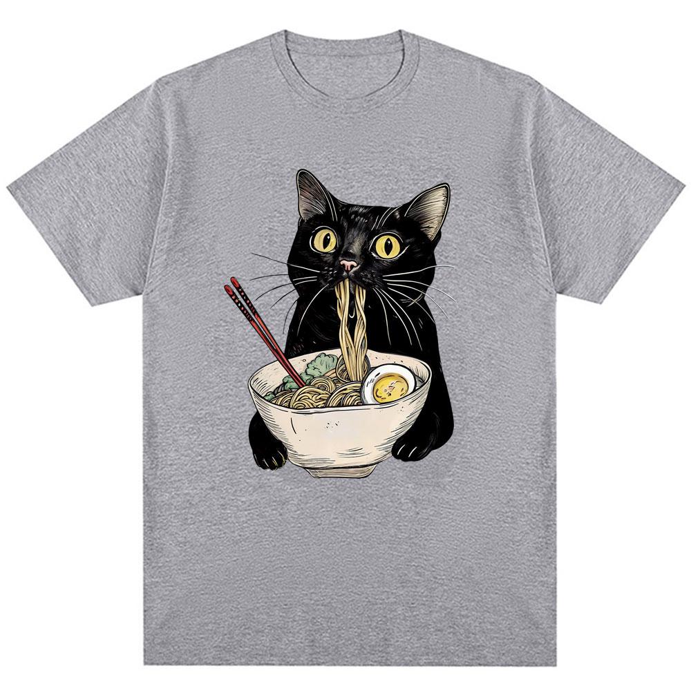 Funny Noodle Ramen Black Cat Graphic T-shirt Fashion Men's Women's Popular Short Sleeve Y2K Oversized Cotton T Shirts Streetwear