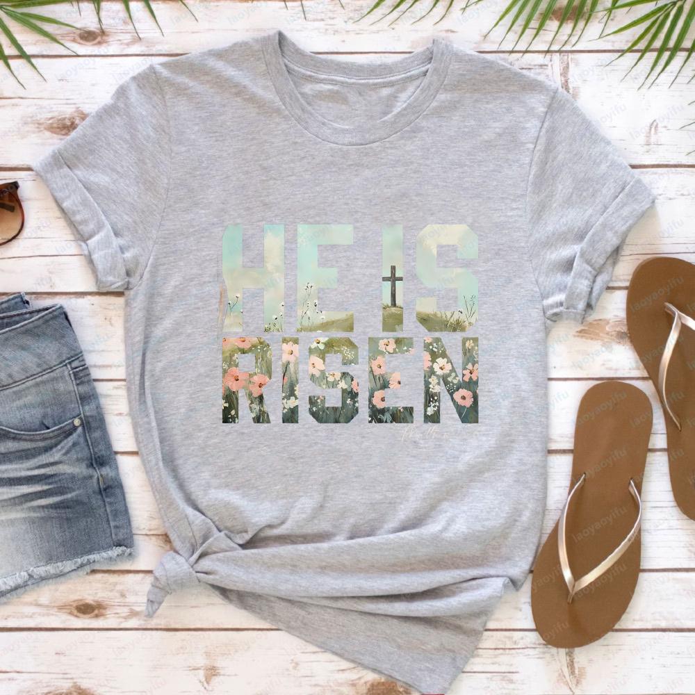 He Is Risen Matthew Easter T Shirt for Women Christian Religious Graphic Tees Casual Short Sleeve Faith Based Holiday Tops