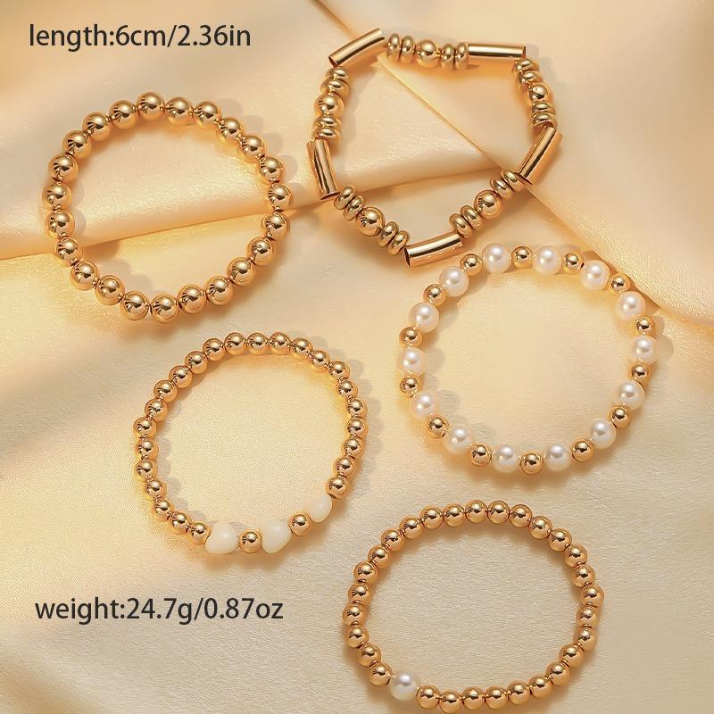 5Pcs Gold Bead Stackable Bracelet Set White Heart Faux Pearl Elastic Beaded Bangles Elegant Daily Jewelry for Women