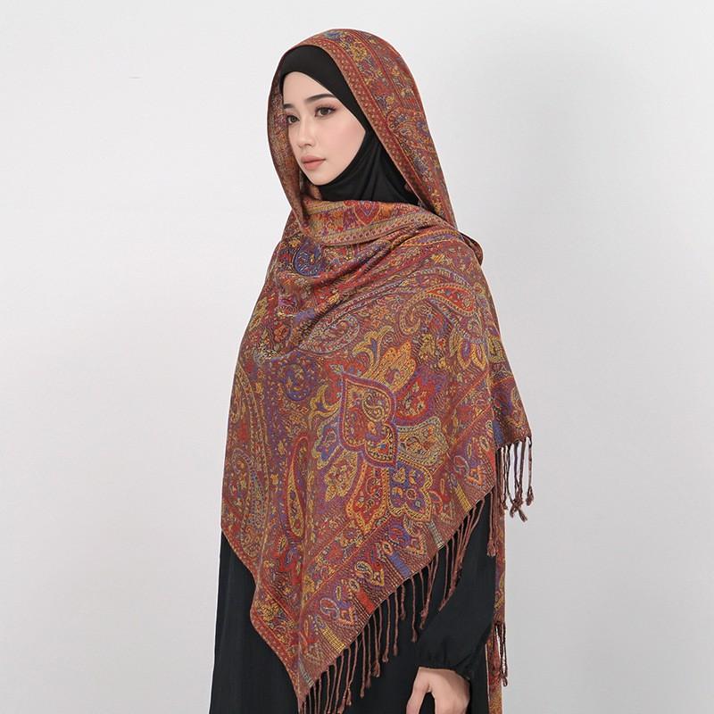 Acrylic Knit Shawl Scarf With Ethnic Jacquard Tassels All-Season Wearable Wrap Women