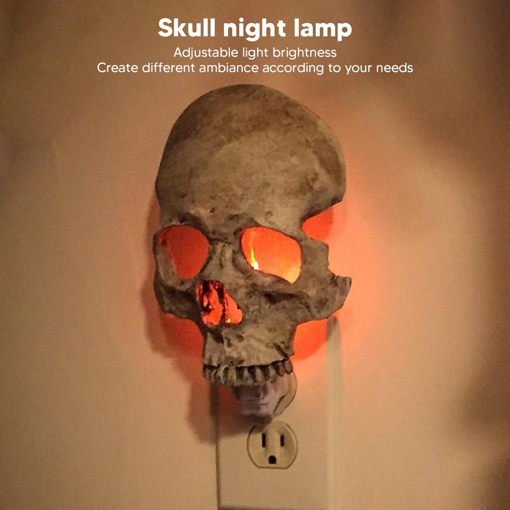 Skull Night Lamp Plug Into Wall Adjustable Brightness Resin Skeleton Night Light Skull Wall Decor for Halloween EU Plug 220V