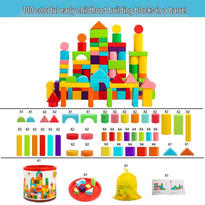 

Набор из 100 цветных деревянных строительных блоков: Развивающая игра-пазл для детей на сопоставление форм