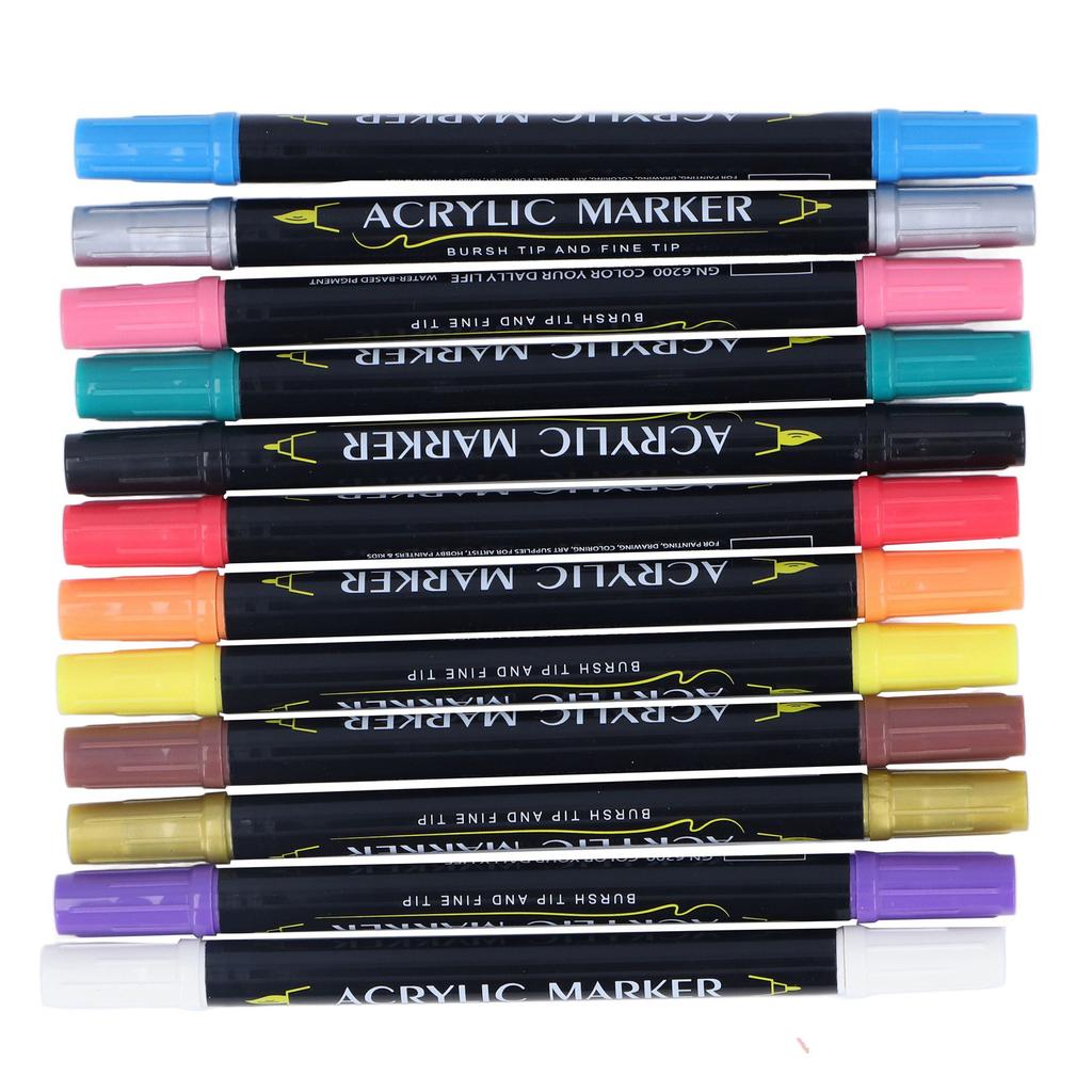 12Pcs Acrylic Paint Pens Double Ended Rapid Drying Strong Covering Waterproof 12 Color Paint Markers