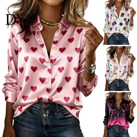 Party Shirt Tops Women Silk Glossy Fabric Lapel Long Sleeve Heart Print Blouse Loose Fit Button Down Romantic Date Night Casual Comfortable Soft