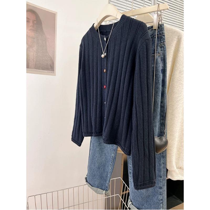 

Осень и зима новый простой кардиган с рубчиком, вязаный топ, женский свободный и тонкий цветной пуловер на пуговицах One size тёмно-синий