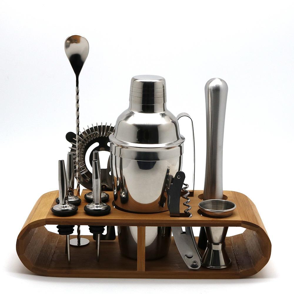 10-piece stainless steel cocktail shaker set with bamboo stand