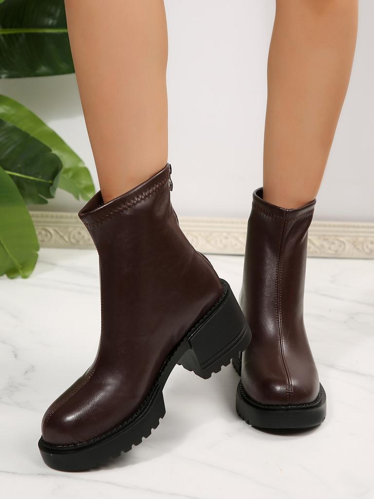 Women Fashion Boots Round Toe Platform Sole Square Heel Back Zipper Short Boots Retro All-match Waterproof Platform Autumn Boots