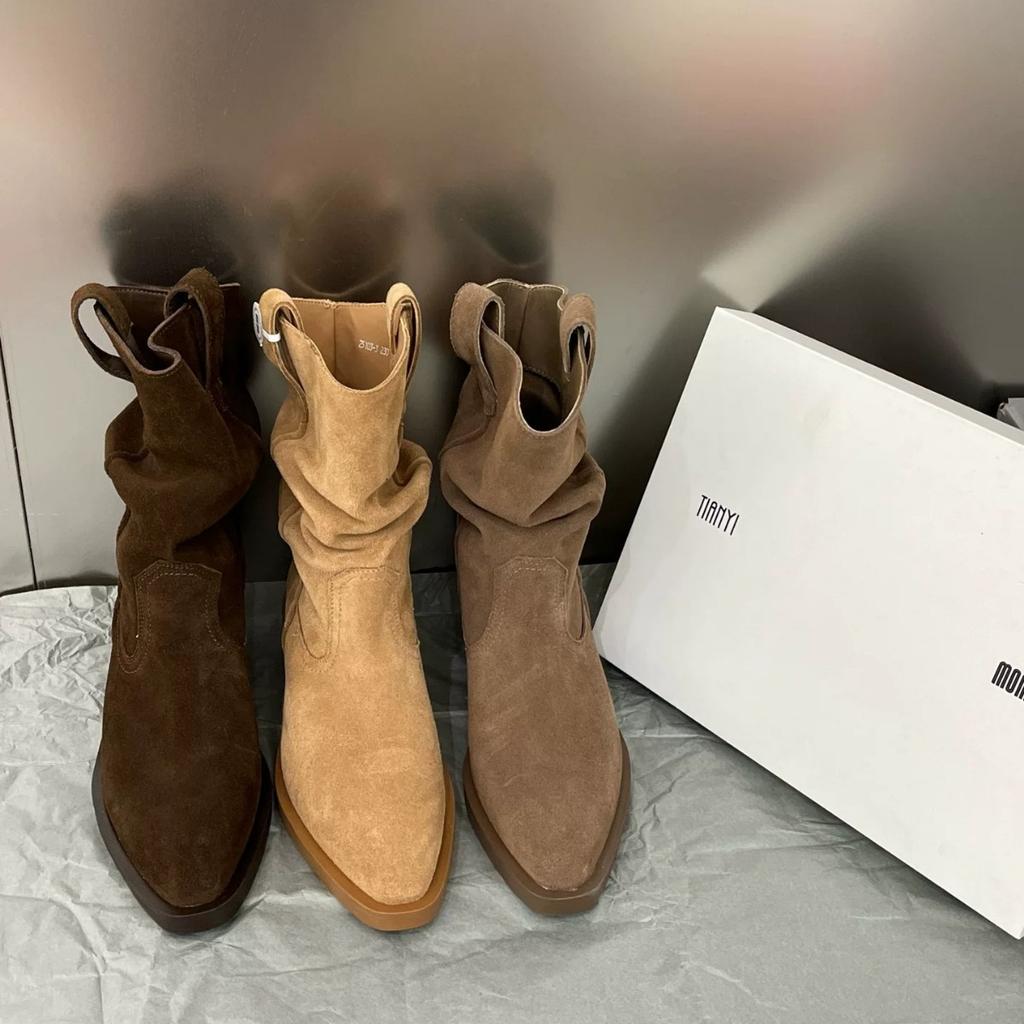 Lazy Stylish Leather Western Cowboy Boots Women's Pointed Medium Boots Pleated Pile Boots Thick Heel Martin Boots